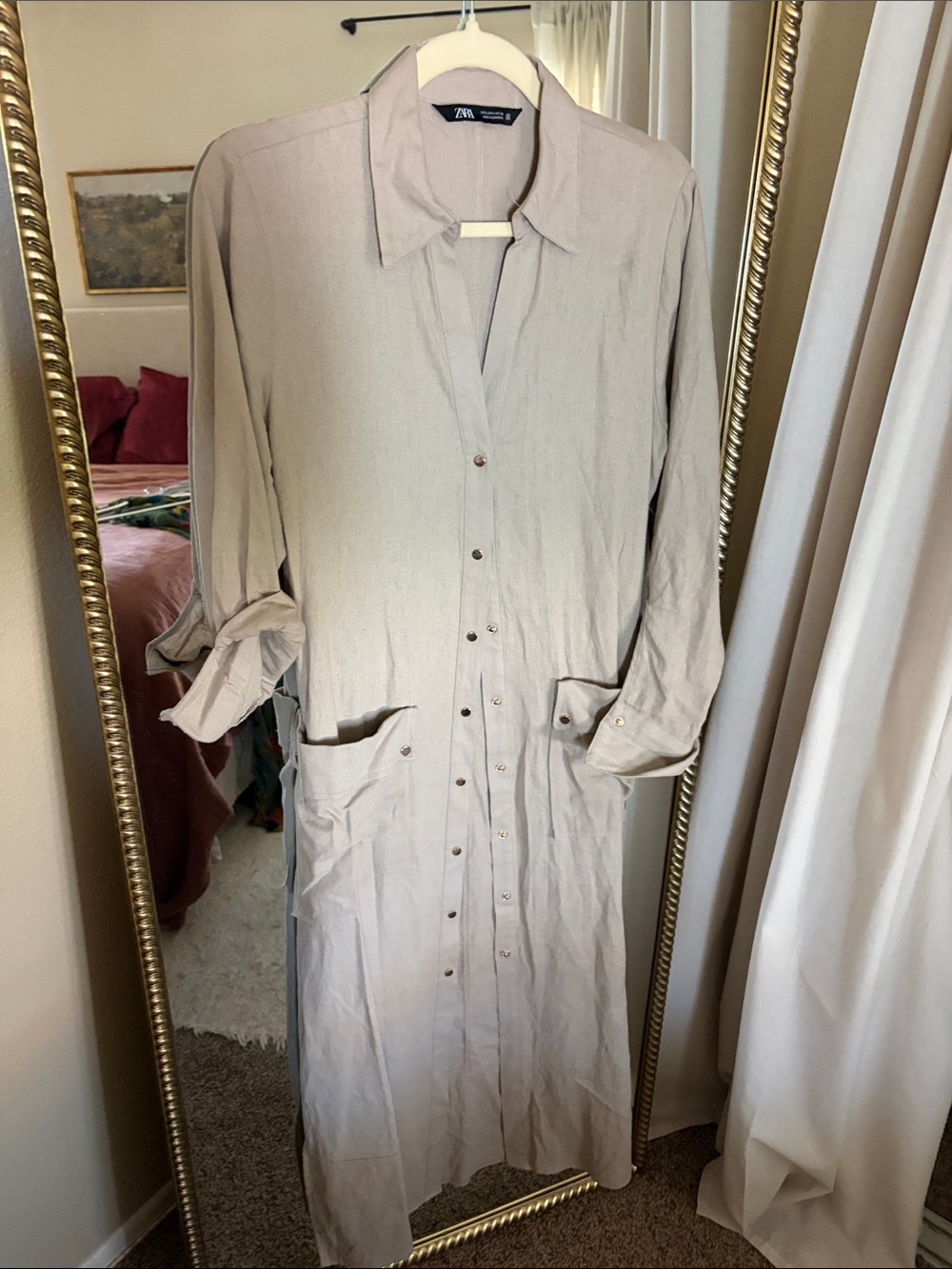 Zara Light Beige Button-Front Maxi Shirt Dress